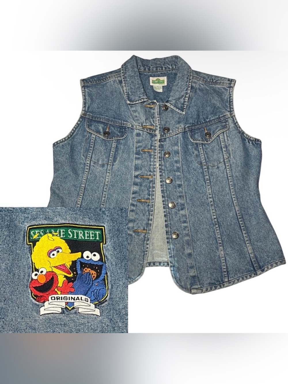 Sesame Street XL Denim Vest Embroidered Big Bird Elmo Cookie Monster Cotton PBS